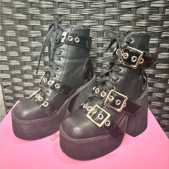 Dolls Kill Shoes - Dolls Kill Black Platform Buckle Lace-Up Heeled Ankle Boots